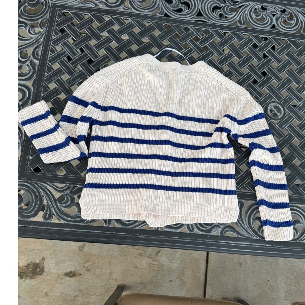 John + Jenn Striped Cotton Knit Cardigan Sweater Blue Cream V-Neck‎ Button Front - Picture 5 of 5